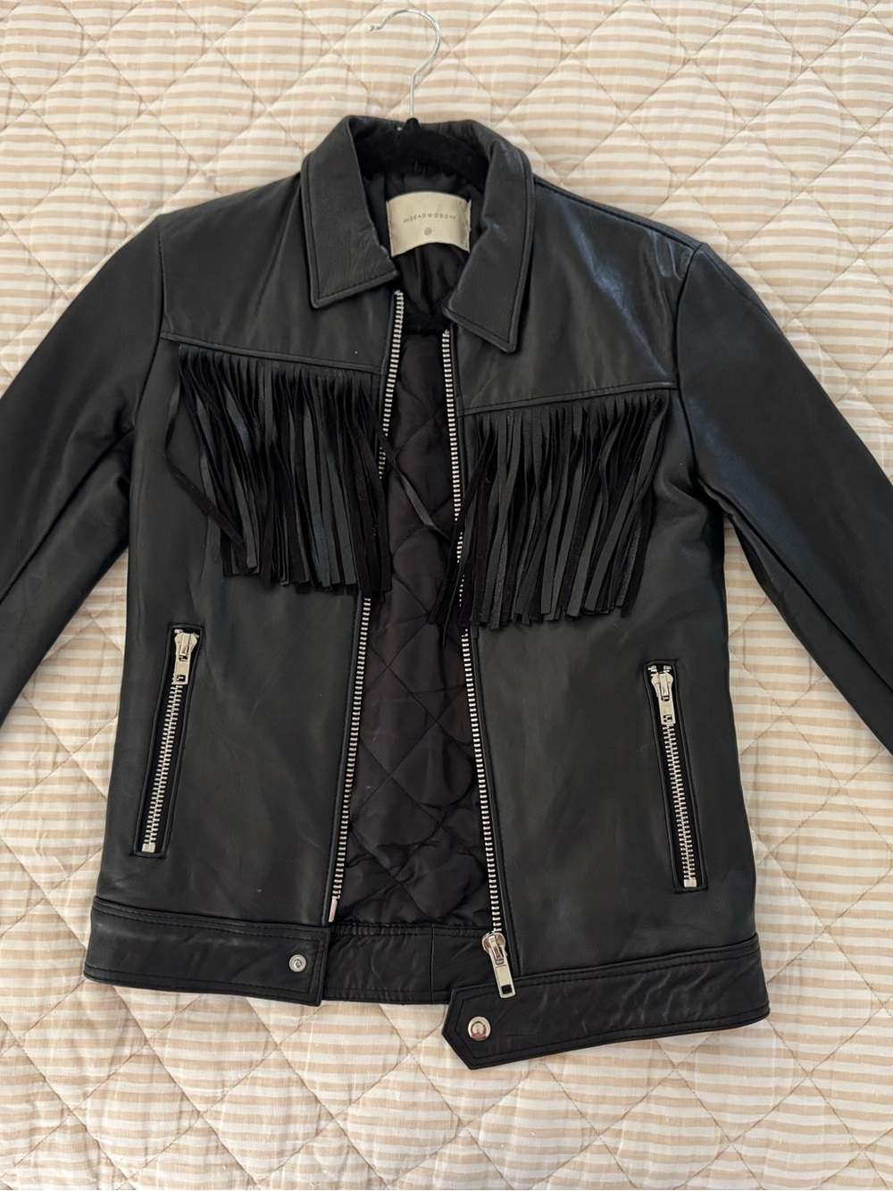 Black Quilted Leather Fringe Biker Jacket